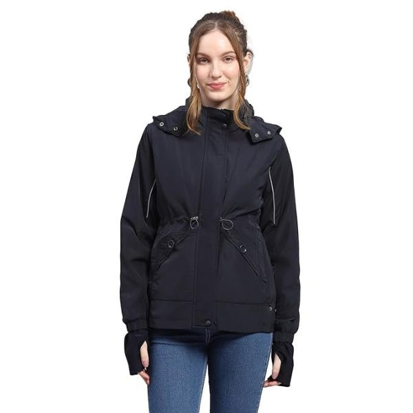 Monte Carlo Womens Solid Black Detachable Hood Full Sleeve Jacket