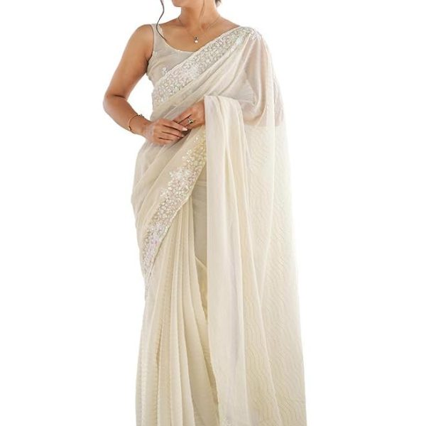 AKHILAM Women's Georgette Embellished Saree With Unstitched Blouse