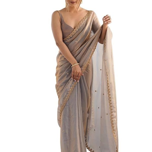 AKHILAM Women's Paper Silk Embroidered Saree With Unstitched Blouse Piece