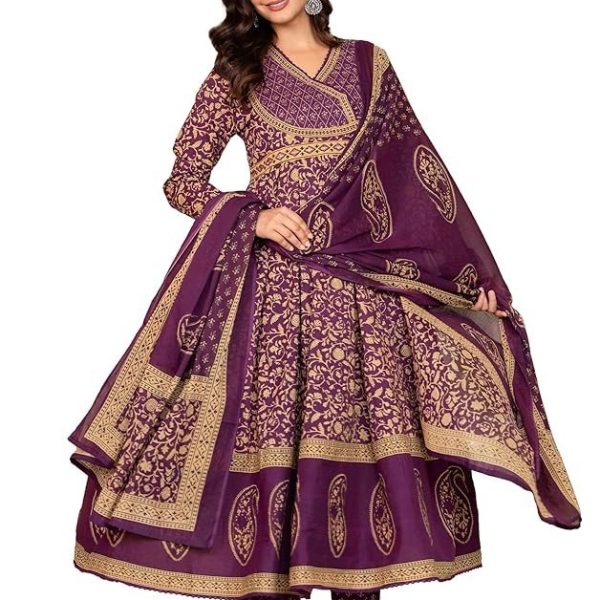Pistaa's Women's Pure Cotton Anarkali Floral Printed Hand Work Kurta with Pant & Dupatta Set