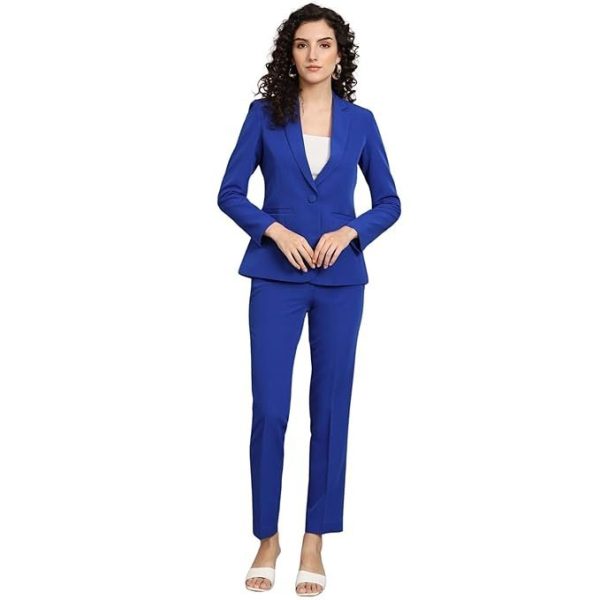 Powersutra Women's Ink Blue Notch Collar Stretch Suit with Blazer & Trousers | Single-Breasted | Button Closure | Elastic Waist Pants