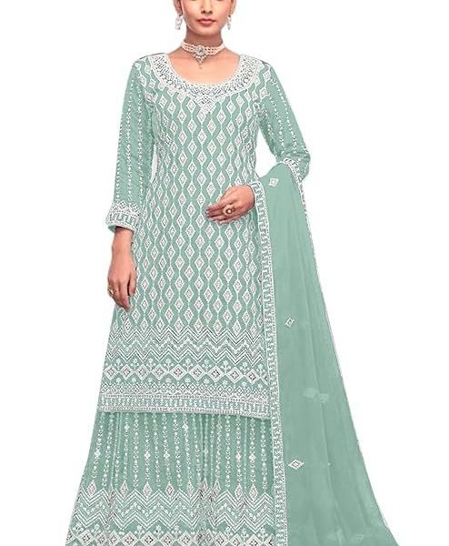 SHAZIYA Designer Embroidered Georgette Sharara Suit for Women Ethnic Indian Dress with Dupatta Elegant Traditional Salwar Suit Set for Weddings