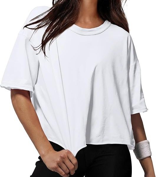XIEERDUO Cotton Tshirts for Women Drop Shoulder Round Neck Oversized Crop Tops Workout Tops Tees