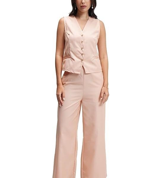 Tokyo Talkies Women's Tailored Waistcoat & Flared Trousers Co-ord Set | Sleek & Sophisticated | Trendy & Versatile