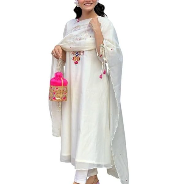 NEW DHARINI Women's Cotton Mirror Work Embroidered Straight Kurti with Pant and Dupatta Set