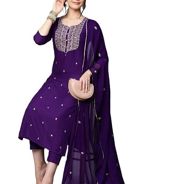 GoSriKi Women's Cotton Blend Embroidered Straight Kurta with Pant & Dupatta