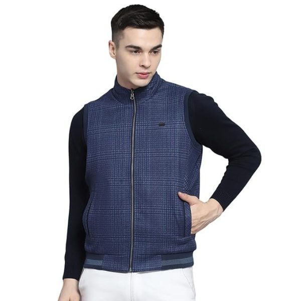 Monte Carlo Mens Solid Blue Mock Neck Sleeveless Jacket
