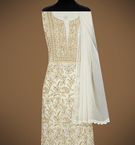 Ada Hand Embroidered Lucknowi Chikankari Unstitched Cotton Dress Material Suit Piece with Dupatta for Women 01A829724 Vanilla Yellow