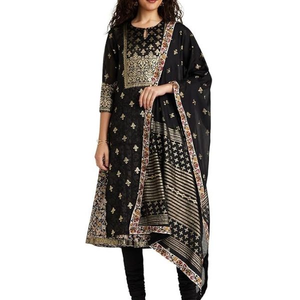 BIBA Women Art Silk Double Layered Kurta Churidar Suit Set