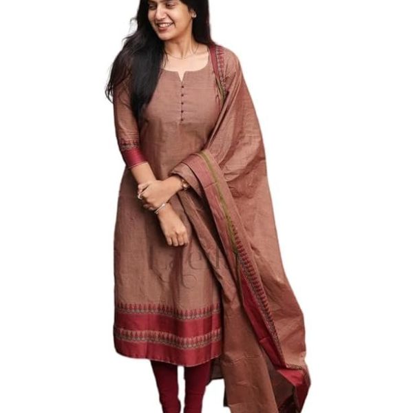 Sagar Collection Women's by Dark Brown Kanchi Cotton Kurta with Pent and Dupatta Suit Set.