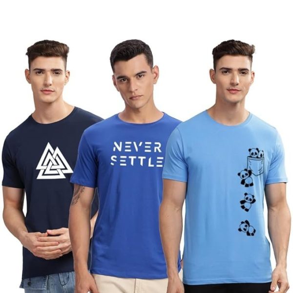 ADRO 100% Cotton Lycra Tshirts for Men Combo Pack of 3 | Regular Fit | Printed T Shirt | Round Neck Half Sleeve| Mens Tshirts